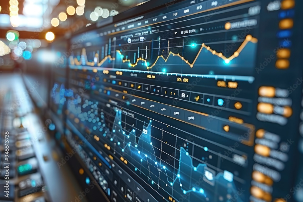 Poster close-up of a computer monitor displaying financial data with graphs and charts