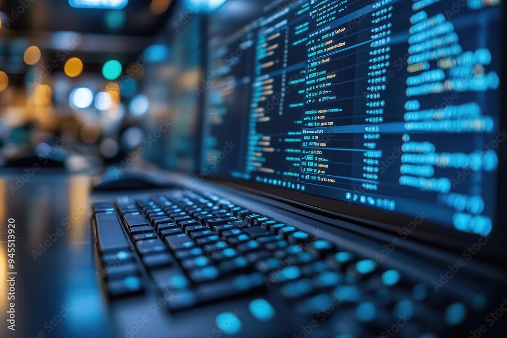 Poster close-up of a laptop keyboard with code displayed on the screen