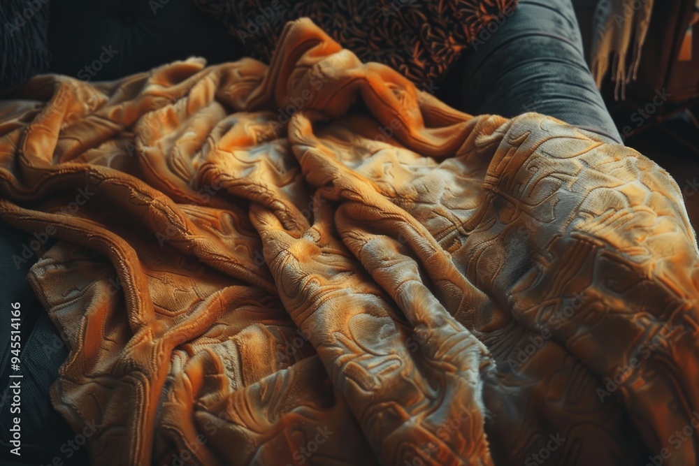 Poster a cozy scene with a blanket laid out on a couch, perfect for a relaxing day or evening