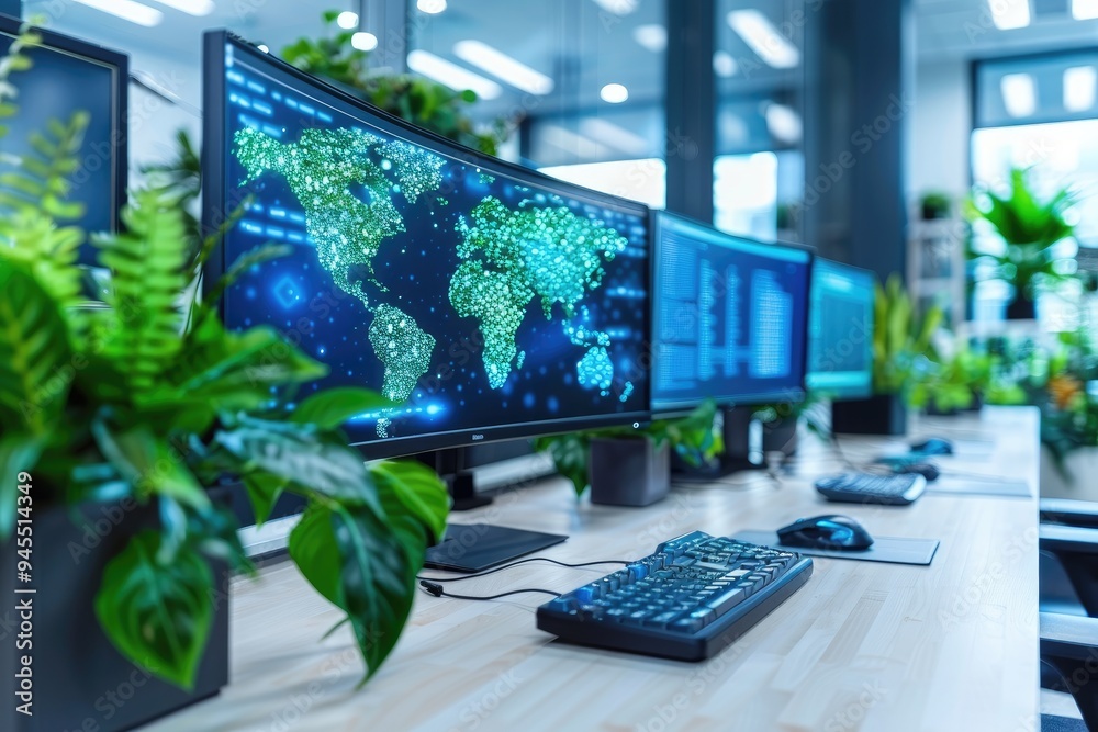 Poster curved monitor displaying world map in office setting