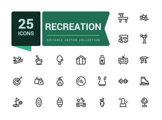 Recreation icon set of web icons in line style. Related to airport, tickets, tour, relax, hotel. Pixel perfect, minimalistic web and UI icon. Outline icon collections.