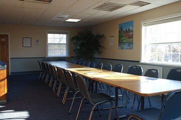 Fototapeta premium Empty Conference Room with a Long Wooden Table and Black Chairs
