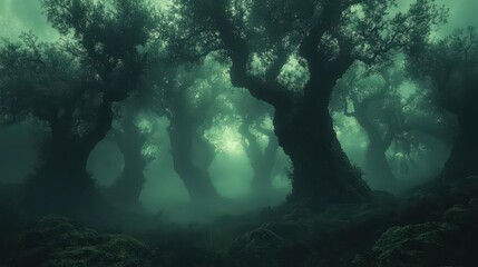 Fototapeta premium mystical forest scene with towering ancient trees shrouded in dense fog shafts of ethereal light piercing through creating magical atmosphere lush undergrowth adding depth