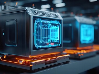 High-tech assembly line producing smart home appliances, with a focus on modern living and innovation, smart appliance assembly, connected home