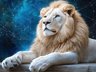 A majestic lion rests against a cosmic background, symbolizing strength and nobility in the wild.