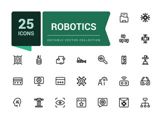 Robotics icon set. Ai technology icons for machine learning, digital AI technology. Pixel perfect, minimalistic web and UI icon. Outline icon collections.