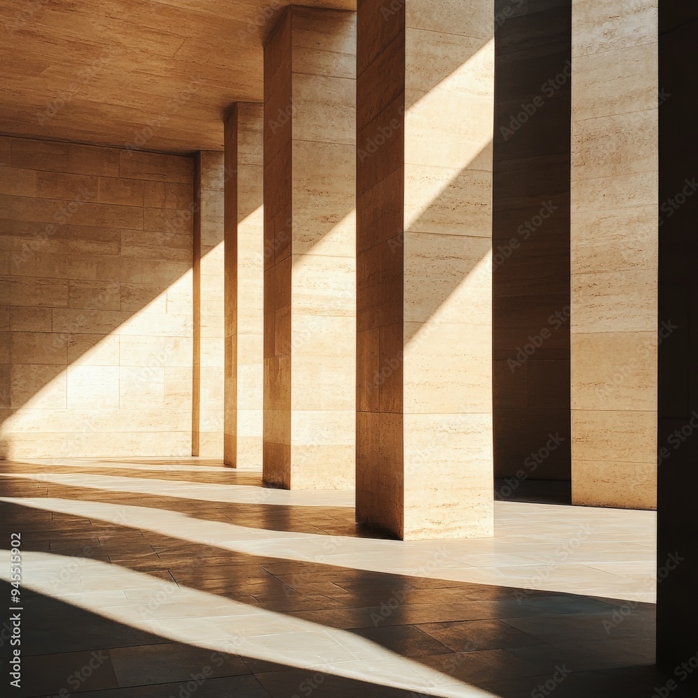 Poster This image shows sunlight piercing through tall pillars in a modernist concrete room, casting elongated shadows that emphasize the hall's architectural elegance and minimalist style.