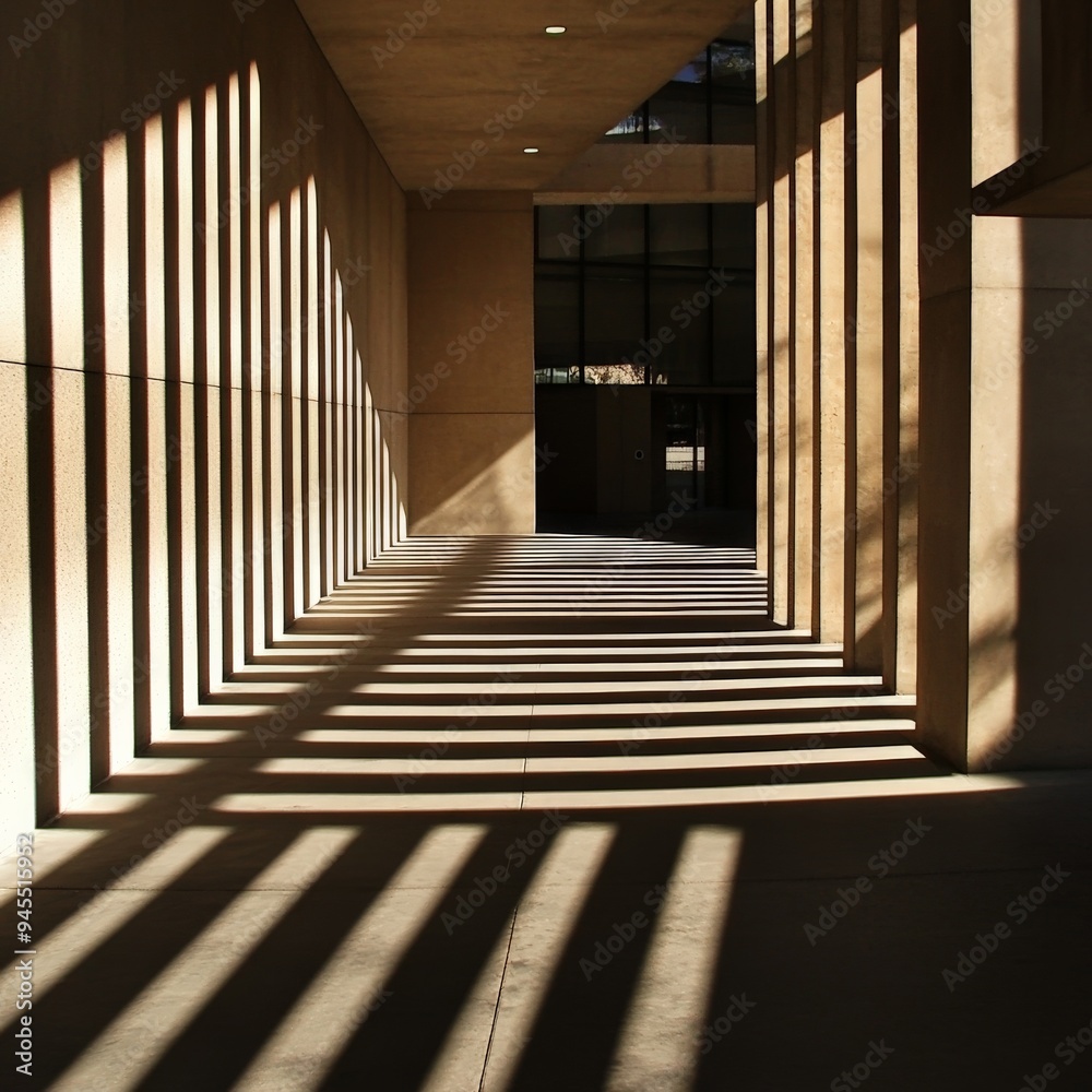 Aufkleber urban walkway lit from above creating rhythmic shadows between tall columns, showcasing the interpla