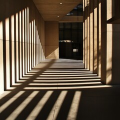Urban walkway lit from above creating rhythmic shadows between tall columns, showcasing the interplay of light and dark patterns that accentuate the structure's symmetry.