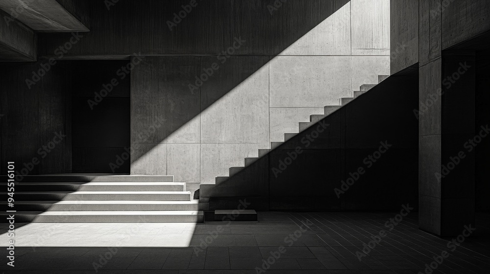 Poster A compelling photograph of a staircase dramatically illuminated by a single beam of light, emphasizing the stark contrast and the play of light and shadow in a minimalist space.