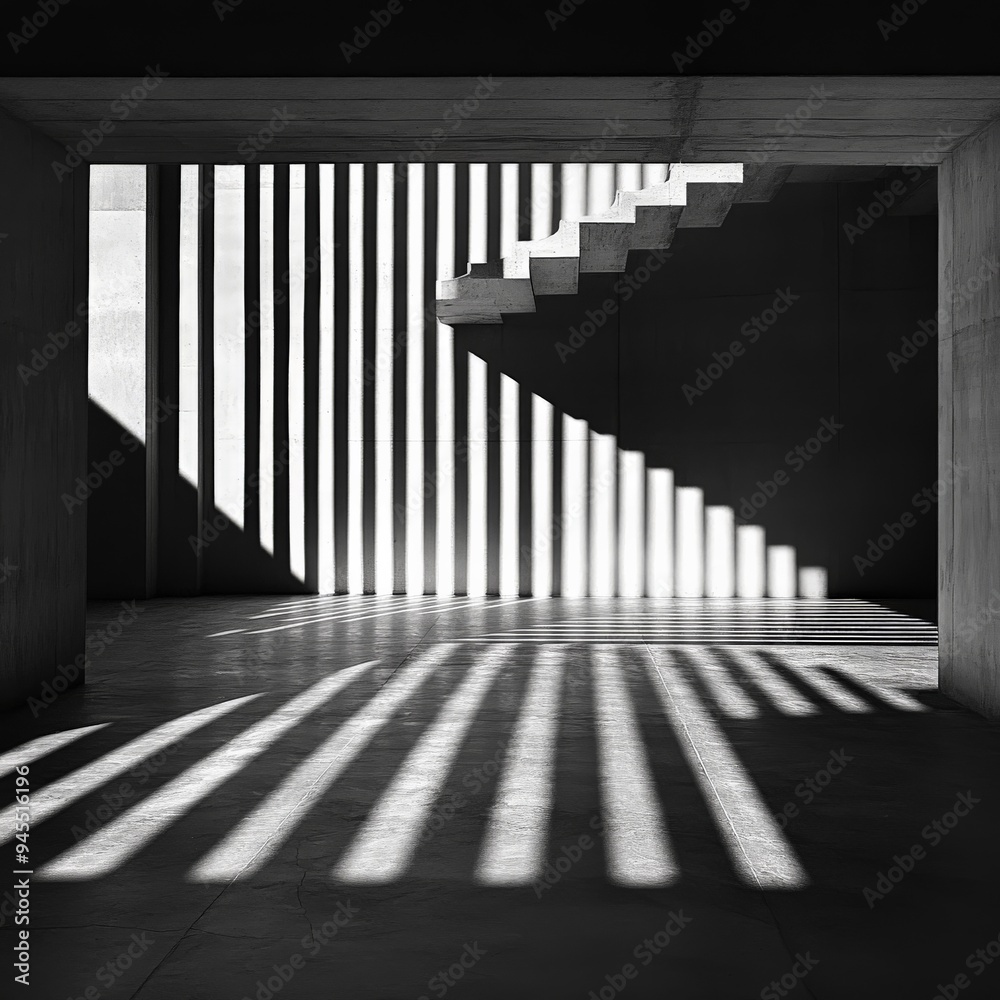 Fototapete the image features dramatic vertical shadows cast by stairs in a modern, minimalistic interior, crea
