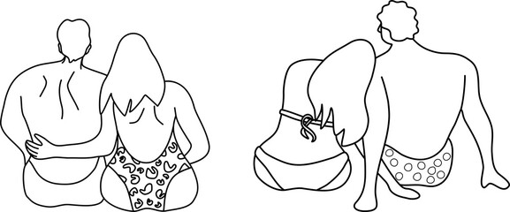 Romantic couples set in linear style. Men and women in swimming suits sitting at the beach, back view.