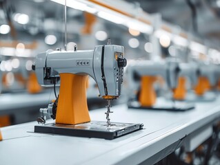 Fototapeta premium Rows of sewing machines in a factory assembling high-fashion garments, focus on craftsmanship and speed, fashion assembly, textile industry