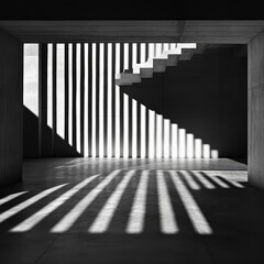 Obraz premium The image features dramatic vertical shadows cast by stairs in a modern, minimalistic interior, creating a striking interplay of light and architectural lines.