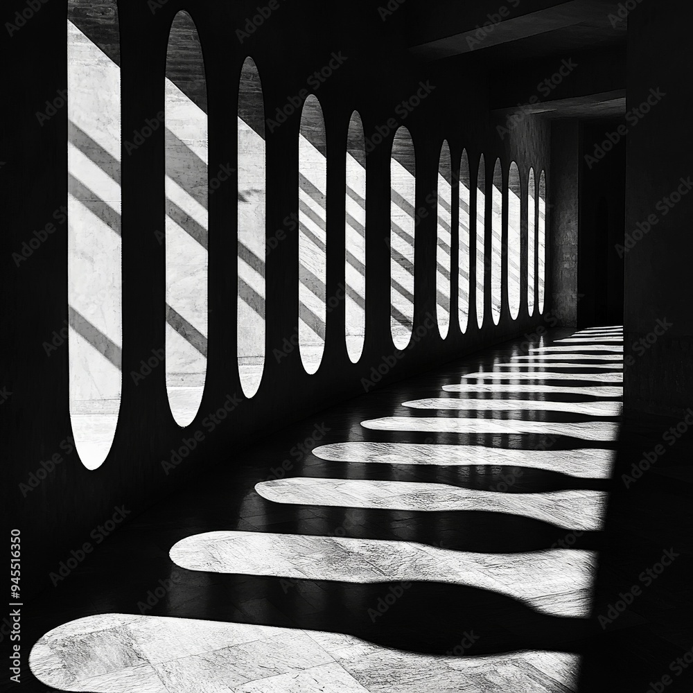 Leinwandbilder the image shows oval-shaped shadows cast by arched openings in a corridor, creating a rhythm of ligh