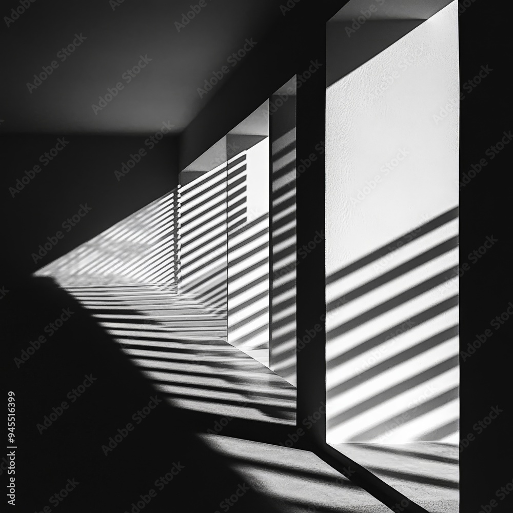 Aufkleber Monochrome photograph capturing alternating bands of light and shadow through vertical window openings, creating a mesmerizing abstract pattern of lines and angles.