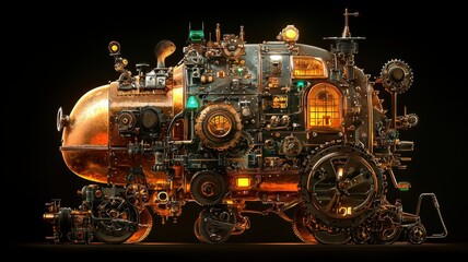 A detailed steampunk machine with intricate gears, glowing lights, and a unique design, perfect for sci-fi and fantasy themes.