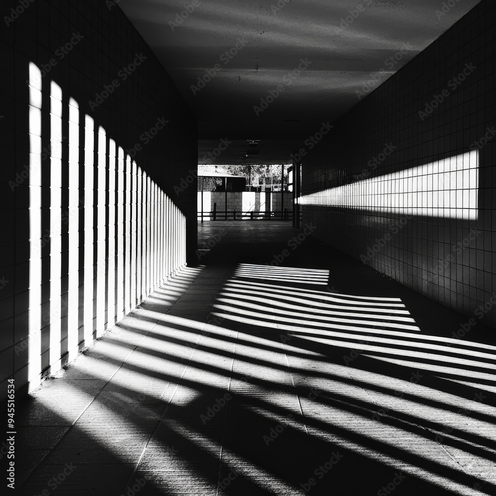 Aufkleber The image showcases a sunlit corridor with dramatic shadows cast by windows, creating a pattern on the walls and floor. The geometric play of light and shadow evokes a sense of mystery.
