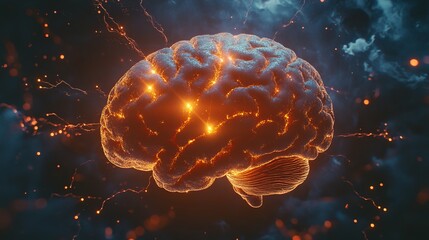 Vibrant, illuminated brain with electric sparks in a dark atmosphere