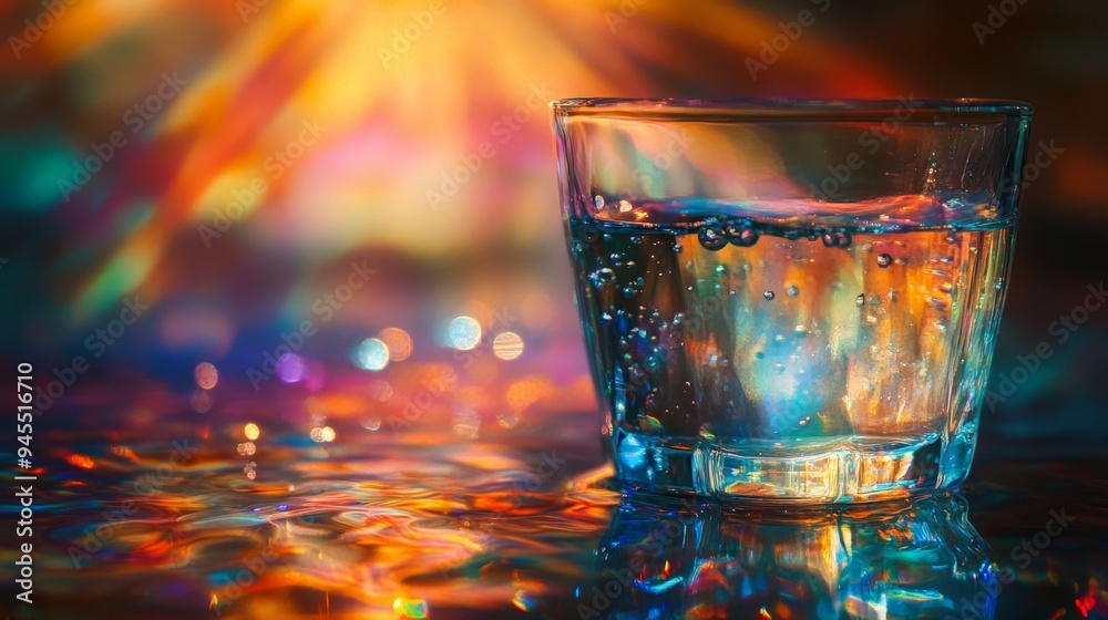 Aufkleber an image of a glass of water surrounded by dreamy, colorful lights. the reflections and bokeh effect