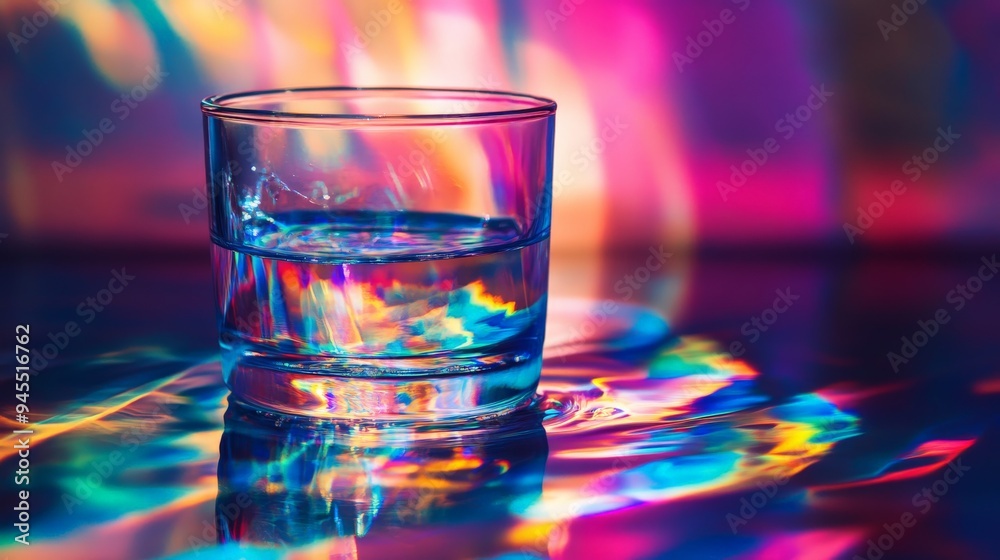 Poster this image shows a glass of water on a table with prismatic light effects creating vibrant, rainbow-