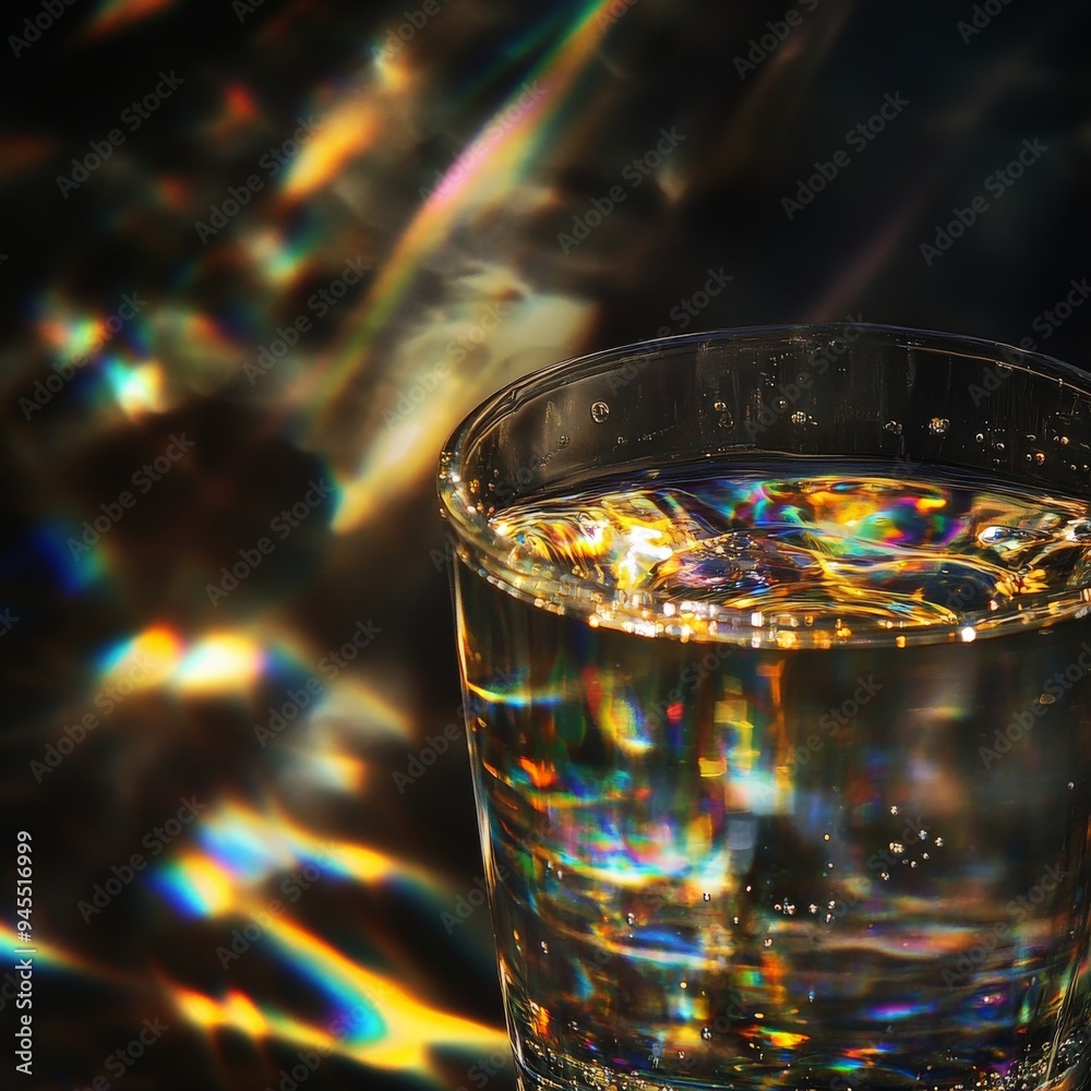 Aufkleber a glass of water featuring a gleaming array of radiant light reflections, producing captivating patt