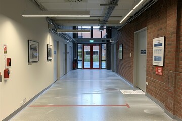 Interior hallway with red exit door and brick wall