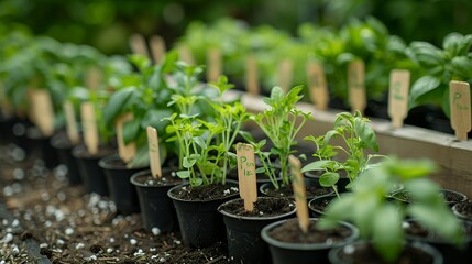 A variety of young plants in pots, labeled for identification, in a nurturing environment.