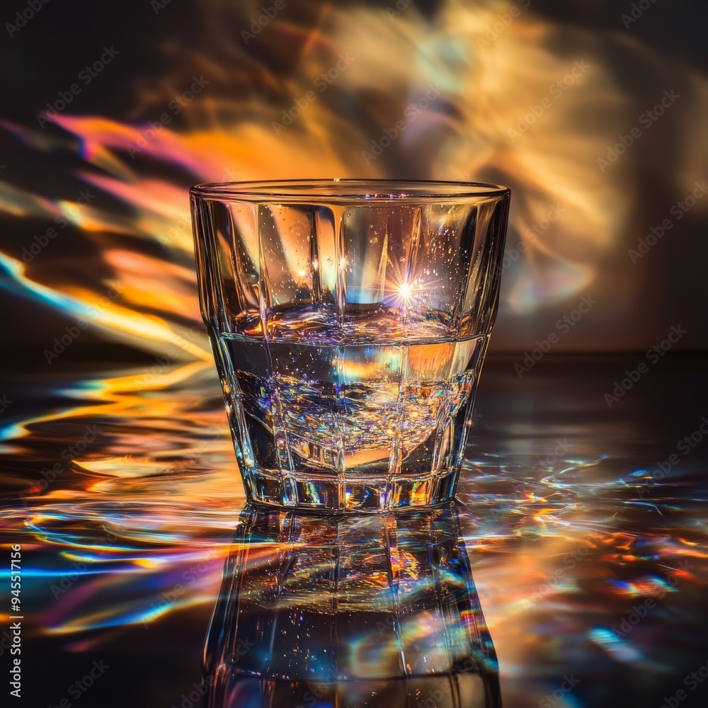 Aufkleber A mesmerizing image featuring a glass filled with water, casting stunning multicolored light reflections and creating an enchanting visual experience.