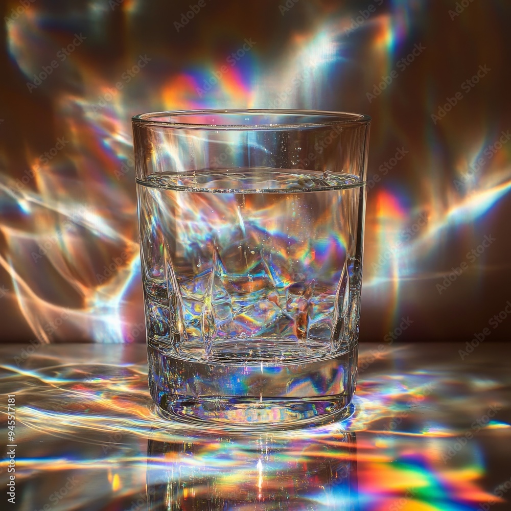 Poster an artistic photograph capturing the beauty of prismatic light refractions as they pass through a gl