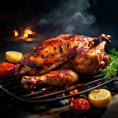 Delicious roasted chicken or turkey served in plate on dark background