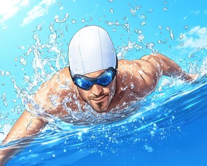An athlete swims powerfully through clear blue water, showcasing strength and determination in a dynamic aquatic environment.