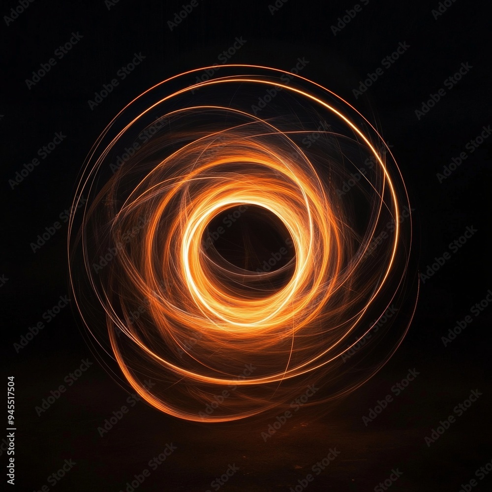 Poster orange light trails form a captivating swirling circular pattern on a dark background, evoking a sen