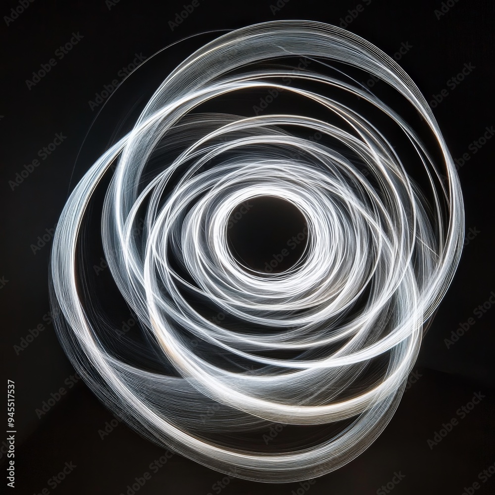 Leinwandbilder A visually captivating image of spiral light trails meticulously intertwined to create a vortex-like pattern, evoking a sense of motion and depth, set against a dark background.