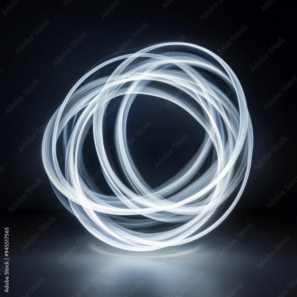 Poster Numerous illuminated white loops intertwine on a dark backdrop, creating a complex and captivating abstract image, representing creativity and endless possibilities.