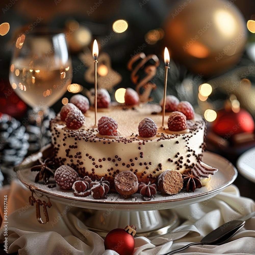 Poster new year background, a new year cake on the table. generative ai.
