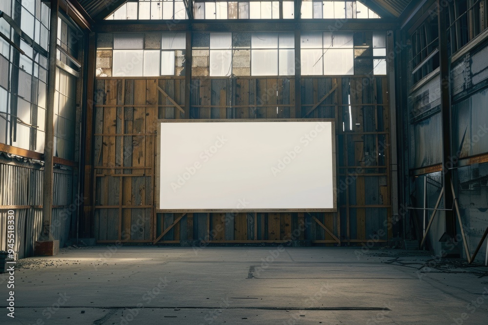 Poster a modern room with a large screen displaying something, possibly used for presentations or entertain