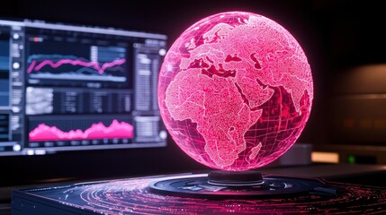 A glowing pink globe showcasing a digital representation of Africa, ideal for technology and data-related themes.