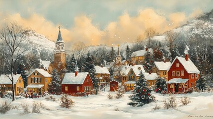 nostalgic christmas village scene in oil pastel style snowcovered cottages festive decorations and joyful townsfolk celebrating warm soft colors and charming vintage aesthetic