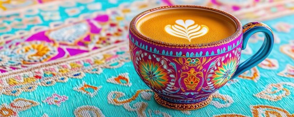 Turkish coffee served in a decorative cup, placed on an embroidered tablecloth, Middle Eastern, Vibrant colors, 3D rendering