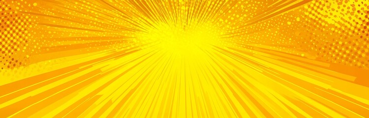 Fototapeta premium Yellow pop art background with halftone dots and rays of light.