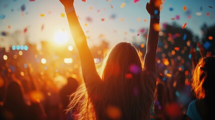 Obraz premium A person joyfully raises their hands as colorful confetti falls around them, with the warm, golden sunset creating a festive and serene atmosphere at an outdoor celebration.