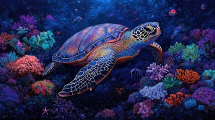 Fototapeta premium A vibrant sea turtle gliding through a colorful coral reef, showcasing the beauty of marine life and underwater ecosystems.