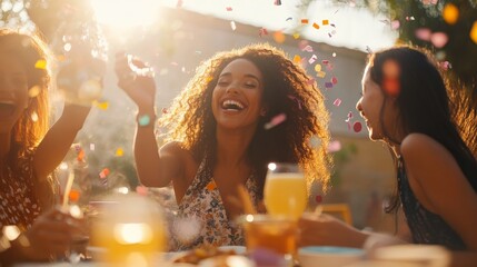 Women are joyfully participating in an outdoor celebration as colorful confetti falls around them, capturing a vibrant and lively moment of shared happiness and festivities.