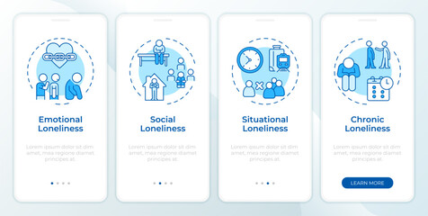 Types of loneliness blue onboarding mobile app screen. Walkthrough 4 steps editable graphic instructions with linear concepts. UI, UX, GUI template. Montserrat SemiBold, Regular fonts used