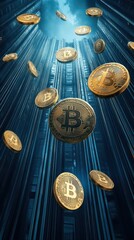 Golden bitcoin coins cascading in a futuristic digital space, representing cryptocurrency wealth and technology.
