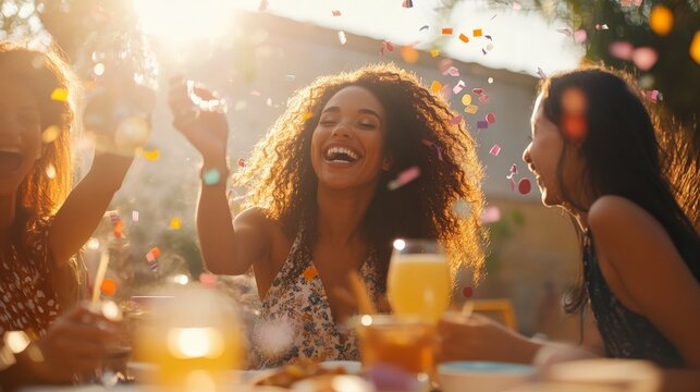 Women are joyfully participating in an outdoor celebration as colorful confetti falls around them, capturing a vibrant and lively moment of shared happiness and festivities.