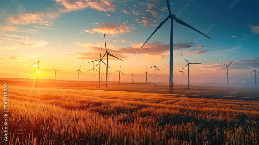 Poster Wind Turbines, Large turbines in open fields at sunrise. Generative AI.
