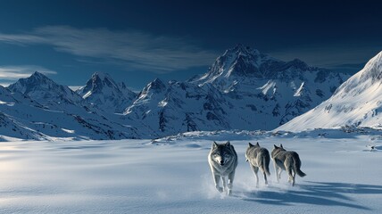 Three wolves roam through a serene snow-covered landscape, surrounded by majestic mountains under a clear blue sky.