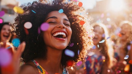 A young woman beams with happiness amidst a shower of confetti under the sunny skies, capturing a moment of pure joy and celebration at an outdoor event.